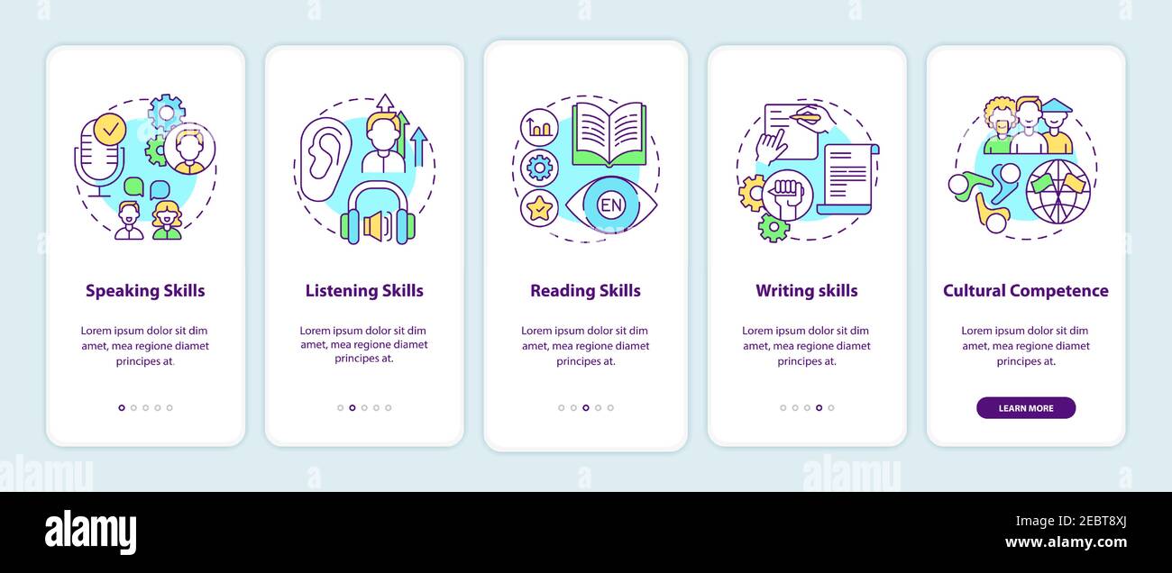 Language learning competences onboarding mobile app page screen with concepts Stock Vector