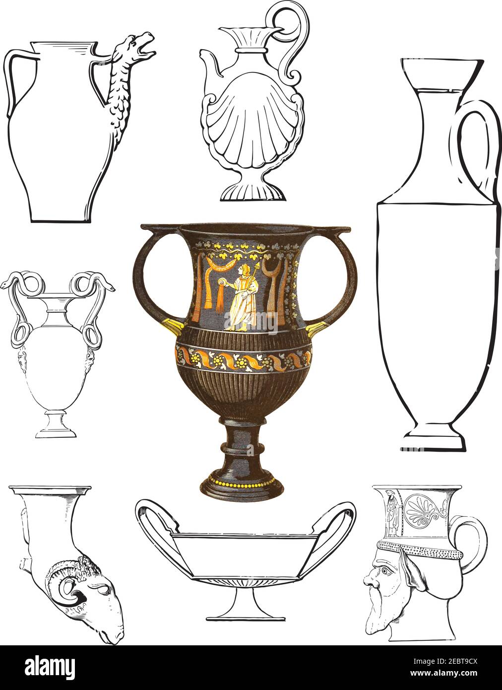 Designs of early classic pottery, Egyptian, Greek to Medieval. Stock Vector