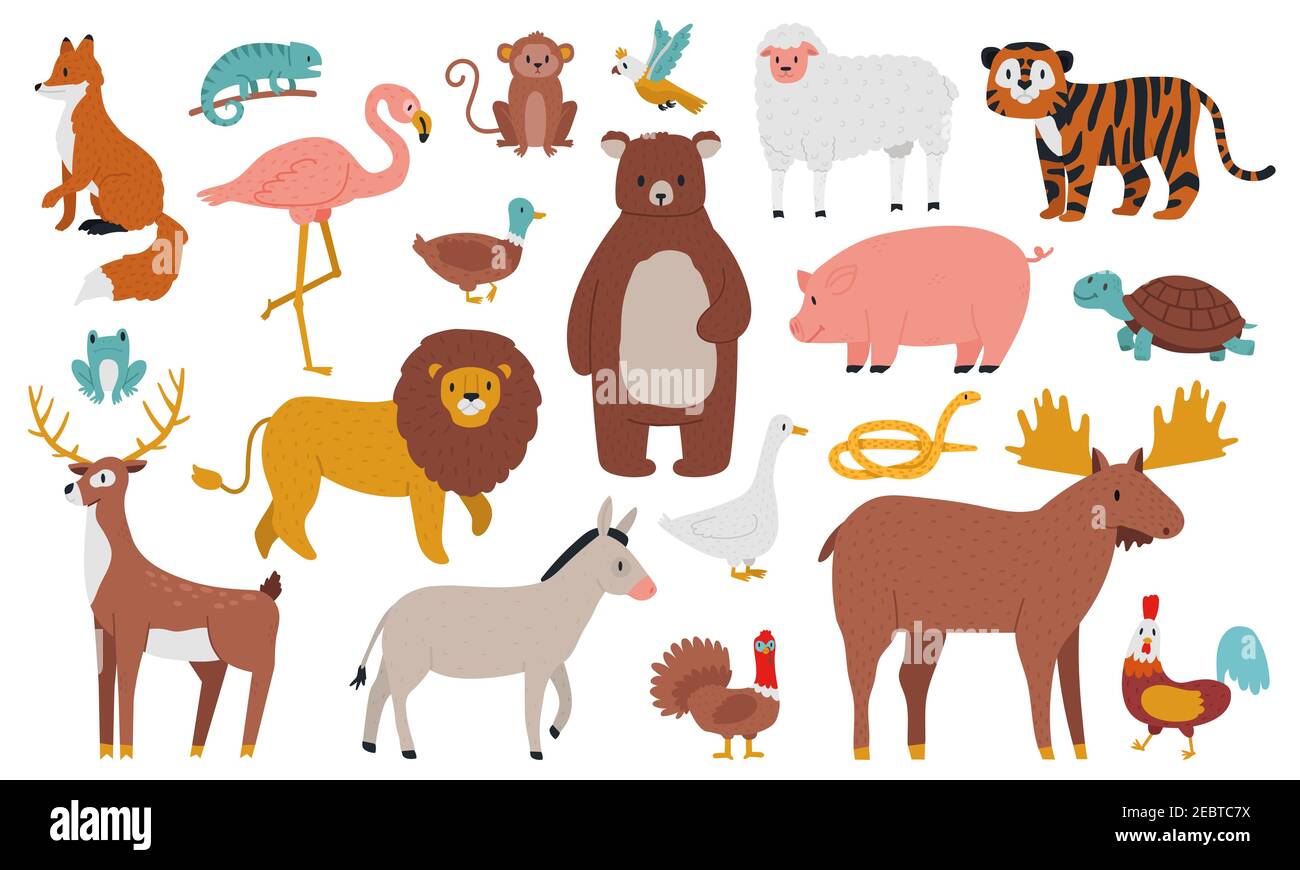 Cute animals. Wood, farm and jungle animals, fox, lion, bear, elk, deer,  tiger and ship. Wild forest fauna animals cartoon vector illustration set  Stock Vector Image & Art - Alamy