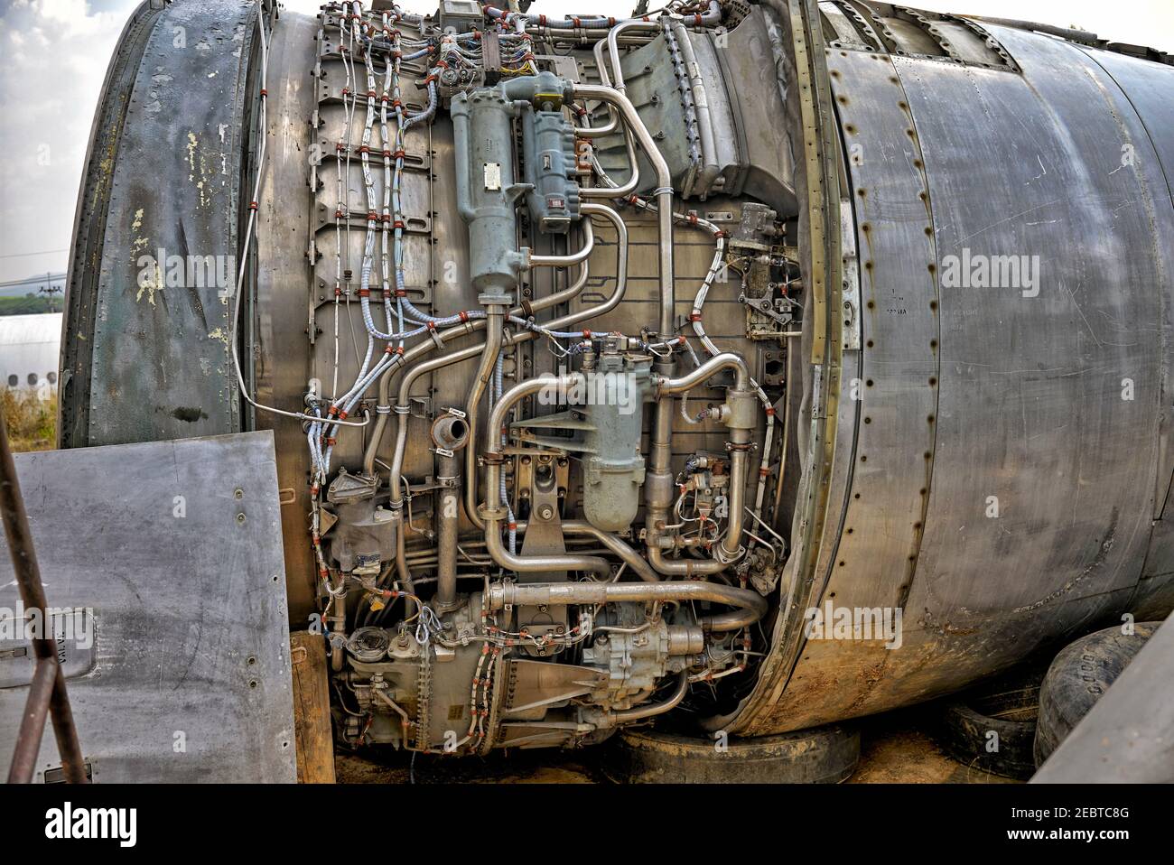 Jet engine detail, Aircraft engine exposed for maintenance and inspection Stock Photo