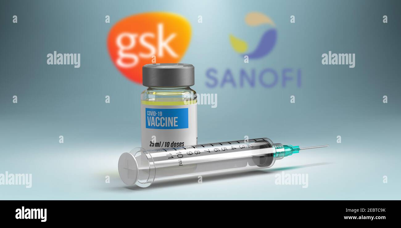 Covid-19 vaccine and business concept: 3D rendered Coronavirus vaccine bottle and syringe in front of de-focus GSK and SANOFI pharma company logo. Stock Photo