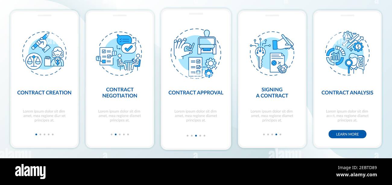 Contract lifecycle steps onboarding mobile app page screen with concepts Stock Vector