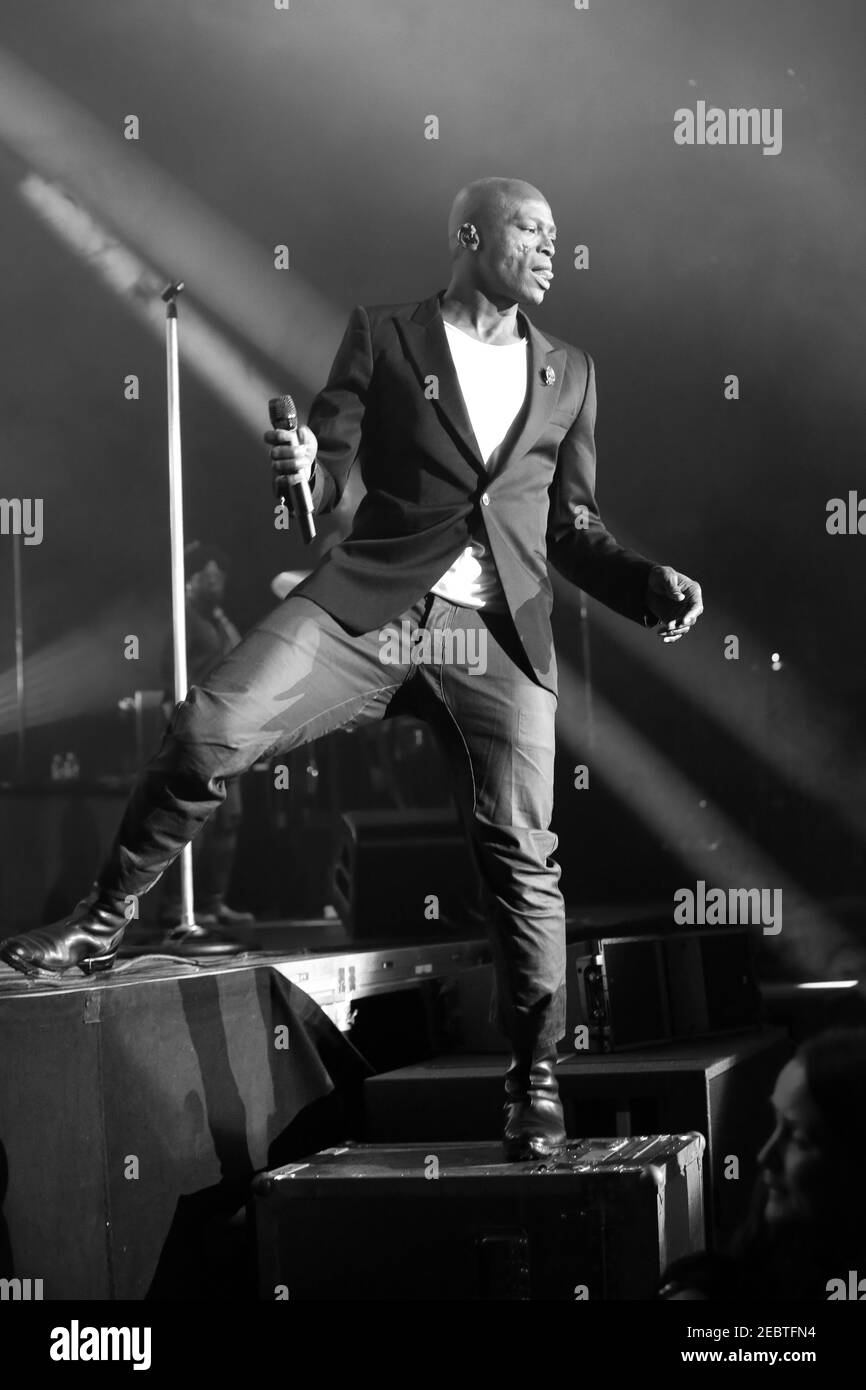 Seal performing live on stage at the O2 Arena in London, supporting
