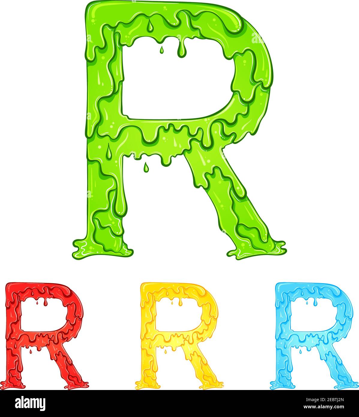 Letter R with flow drops and goo splash. Color illustration of the