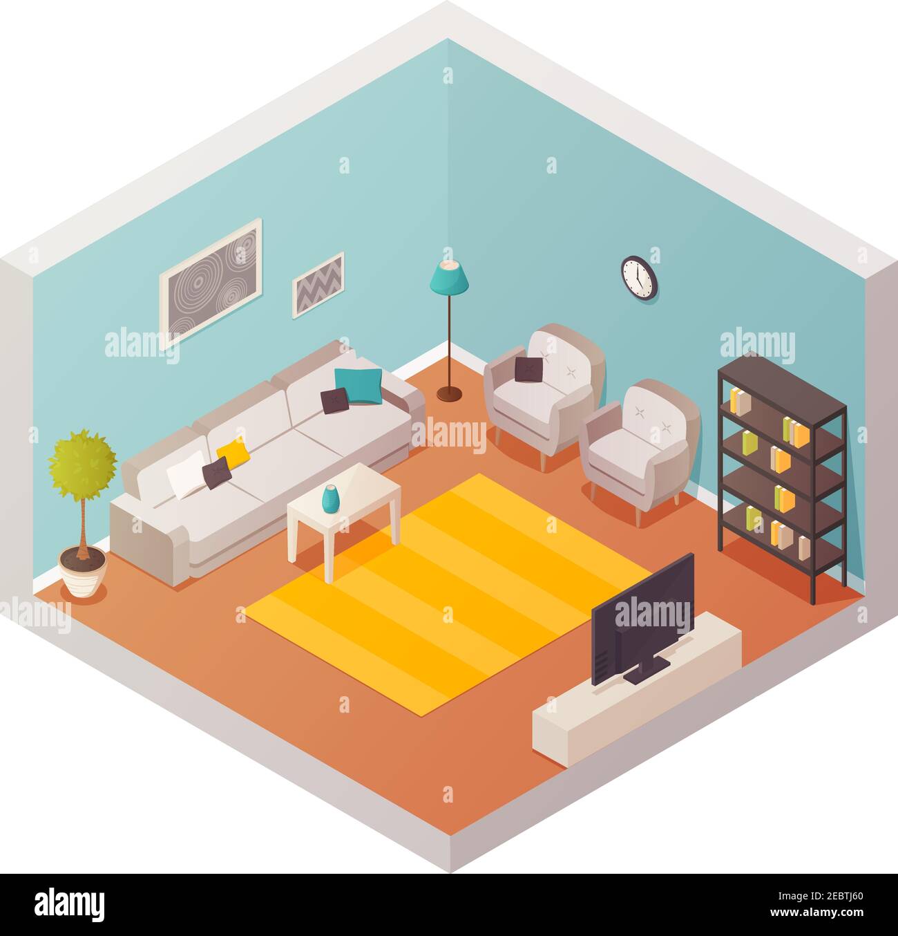 Living room isometric interior with cartoon style decorations stuff and ...
