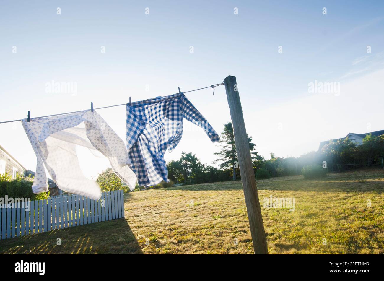 USA, Massachusetts, Cape Cod, Laundry drying on clothesline Stock Photo