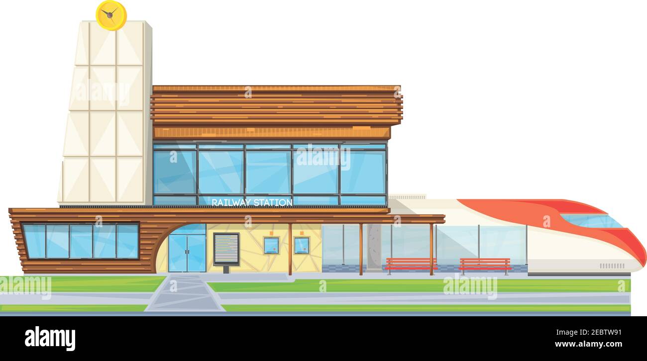 Modern steel glass railway station building front view flat image with speed intercity train vector illustration Stock Vector