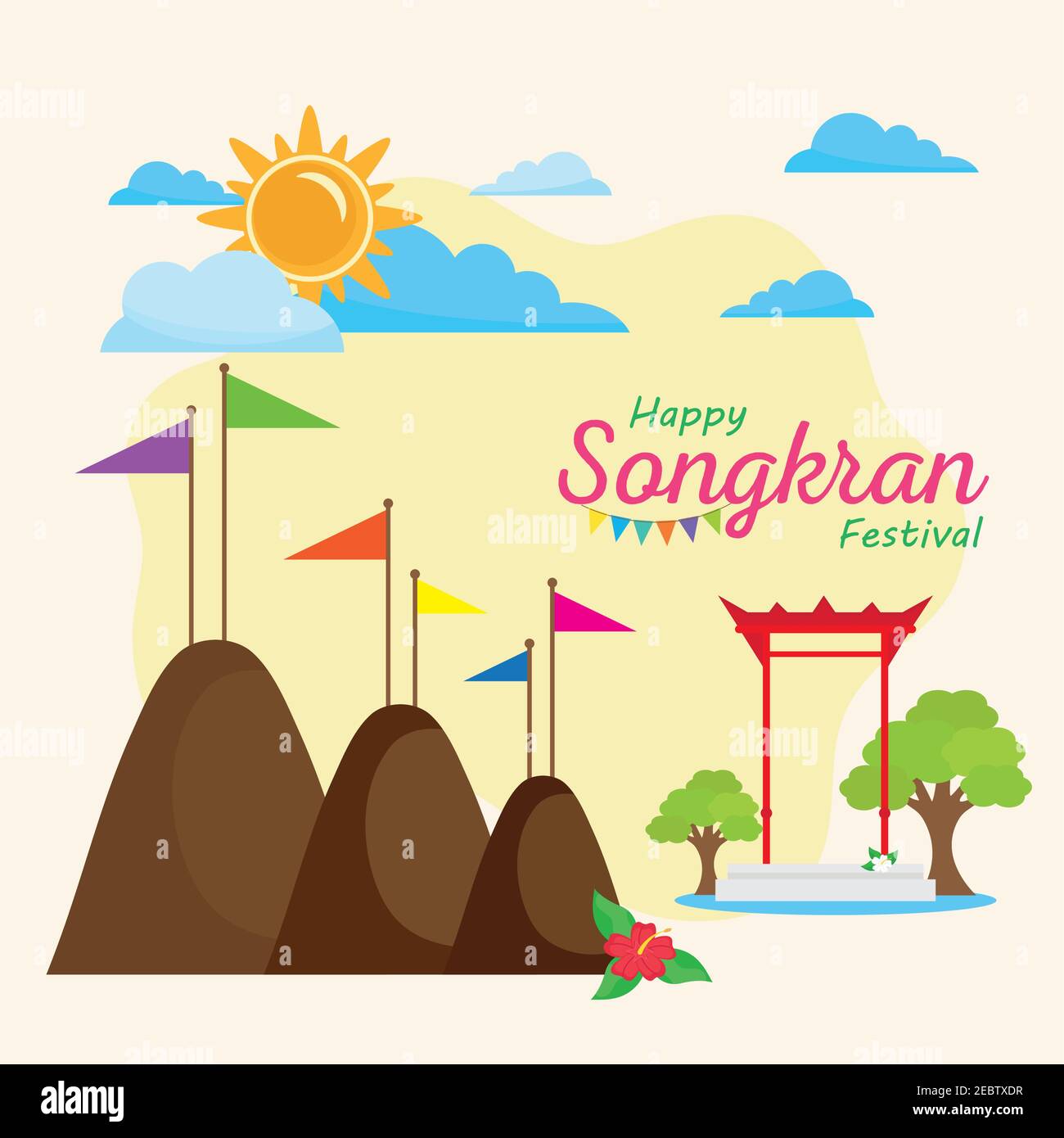 happy songkran festival lettering with colors flags in mountains scene