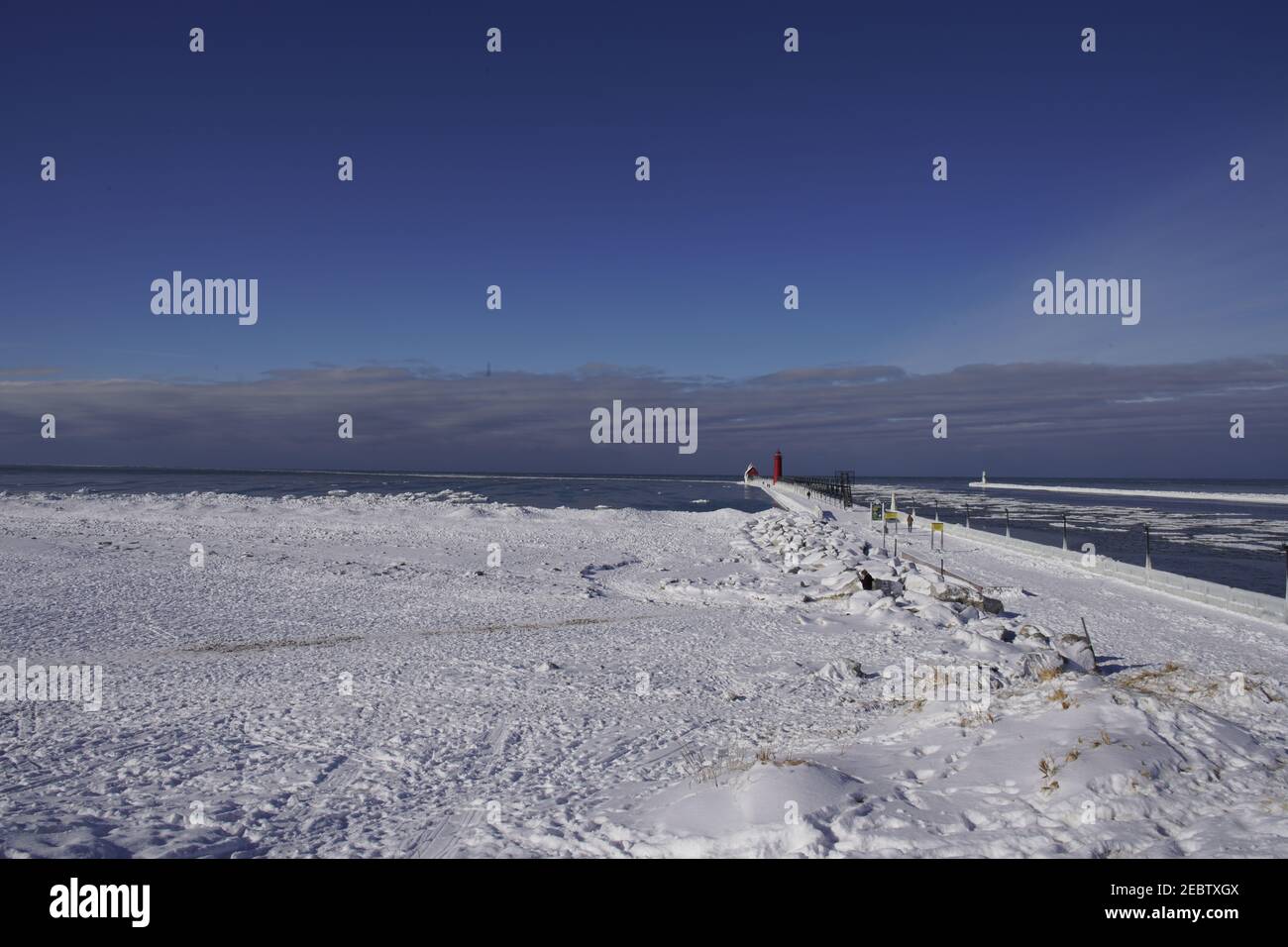 Grand Haven, Michigan, February 2021, Winter landscape, lighthouse and
