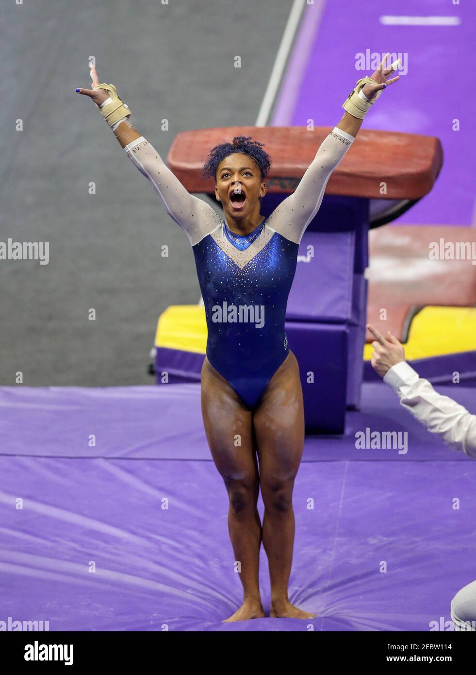 Baton Rouge, LA, USA. 22nd Jan, 2021. Florida's Trinity Thomas celebrates  after sticking the landing of her vault during NCAA Gymnastics action  between the #1 ranked Florida Gators and the #2 ranked