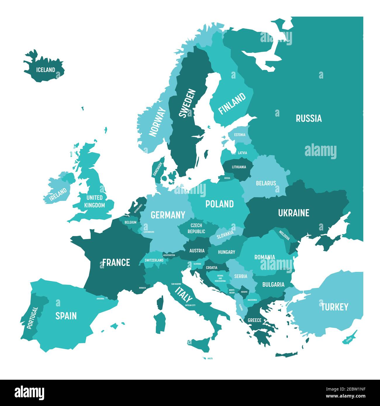 Political map of Europe continent in four shades of turquoise blue with white country name labels and isolated on white background. Vector Stock Vector