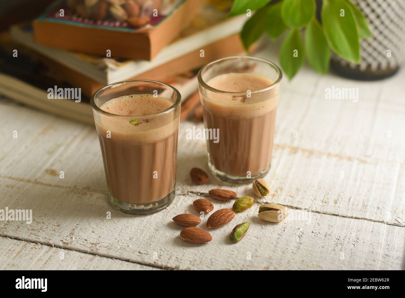 Indian masala tea or chai. Milk tea Badam pista chai or dry fruit tea of Amritsar, Punjab India. hot herbal spiced, aromatic spices organic ayurvedic Stock Photo