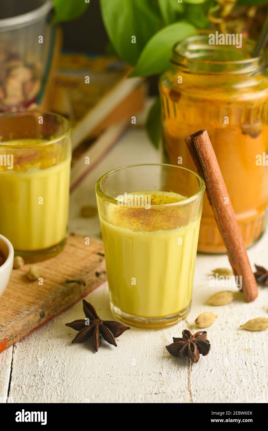 Turmeric milk Indian Ayurveda drink. Anti viral healthy Ayurvedic drink