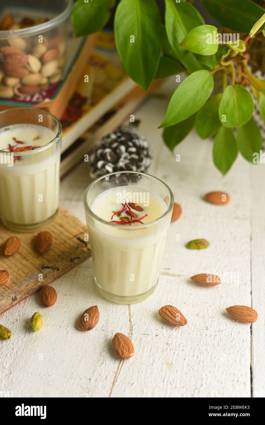 Kesar Badam milk shake or Almond Saffron milk prepared with almonds