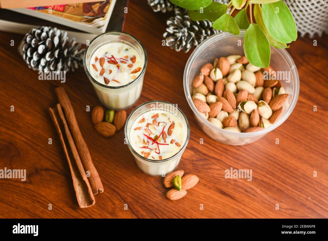 Kesar Badam milk shake or Almond Saffron milk prepared with almonds
