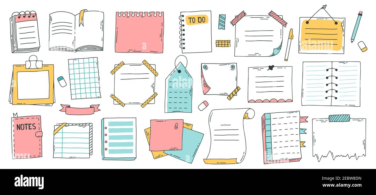 Doodle paper sheet. Hand drawn sketch notebook, bullet journal sheets, sticky  note and notepad page. Sketch doodle sheets vector illustration set Stock  Vector Image & Art - Alamy