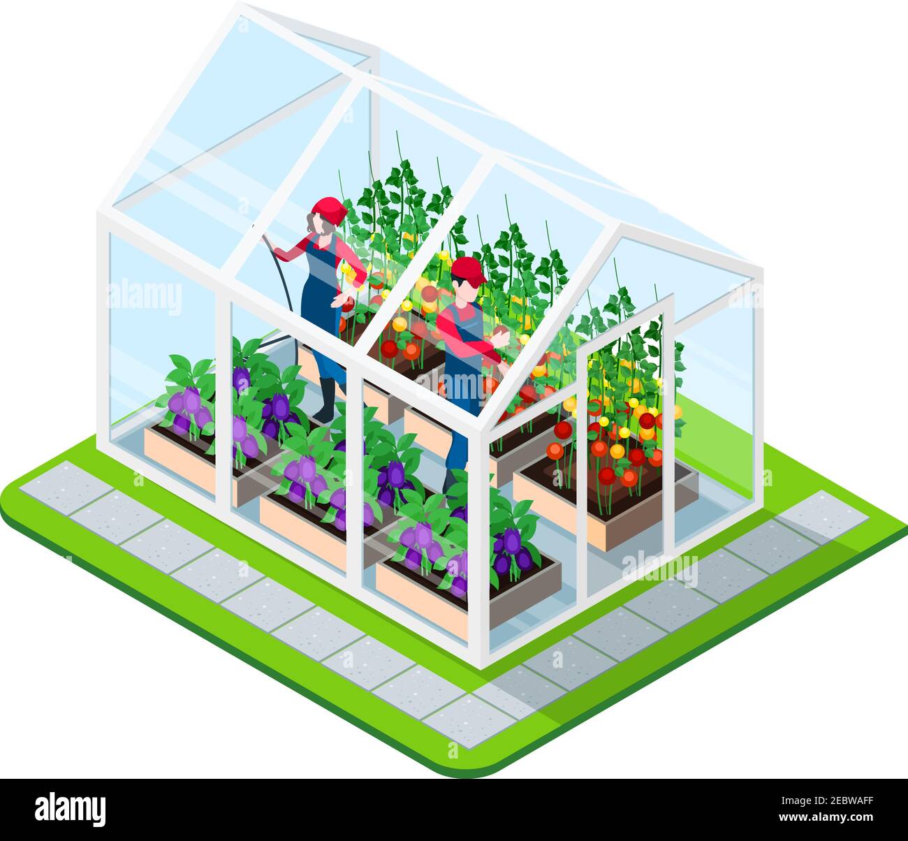 Greenhouse isometric concept with flowers and working people inside building isolated vector illustration Stock Vector