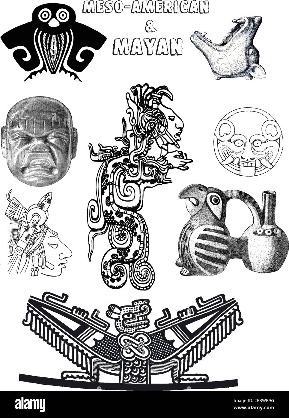 Art and ceramic designs from Meso-America, mostly Mayan. Stock Vector