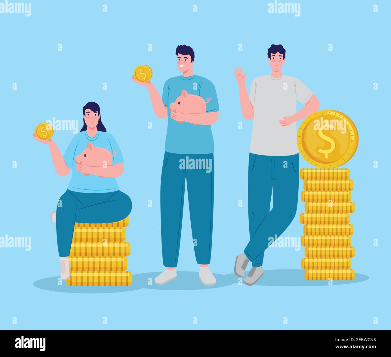 savers group lifting piggy savings seated in coins Stock Vector Image ...