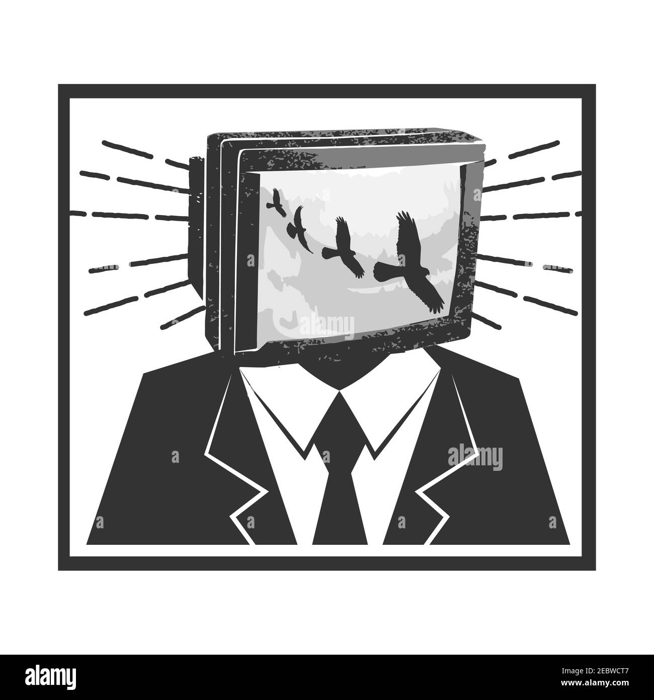 Man with television head in tv addiction concept on the black and white style. Vector illustration EPS.8 EPS.10 Stock Vector