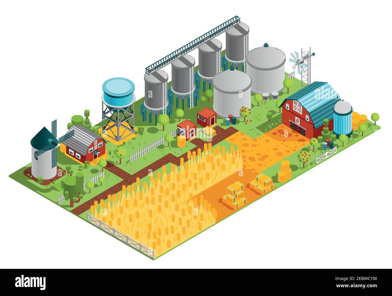 Farm rural buildings isometric composition with houses reservoirs mill and plantation field of wheat vector illustration Stock Vector