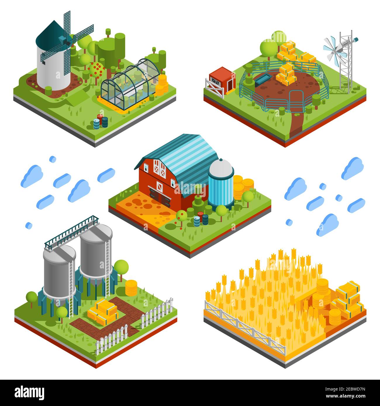 Farm rural buildings isometric compositions set with square segments of ranch reservation with plantations mills reservoirs vector illustration Stock Vector