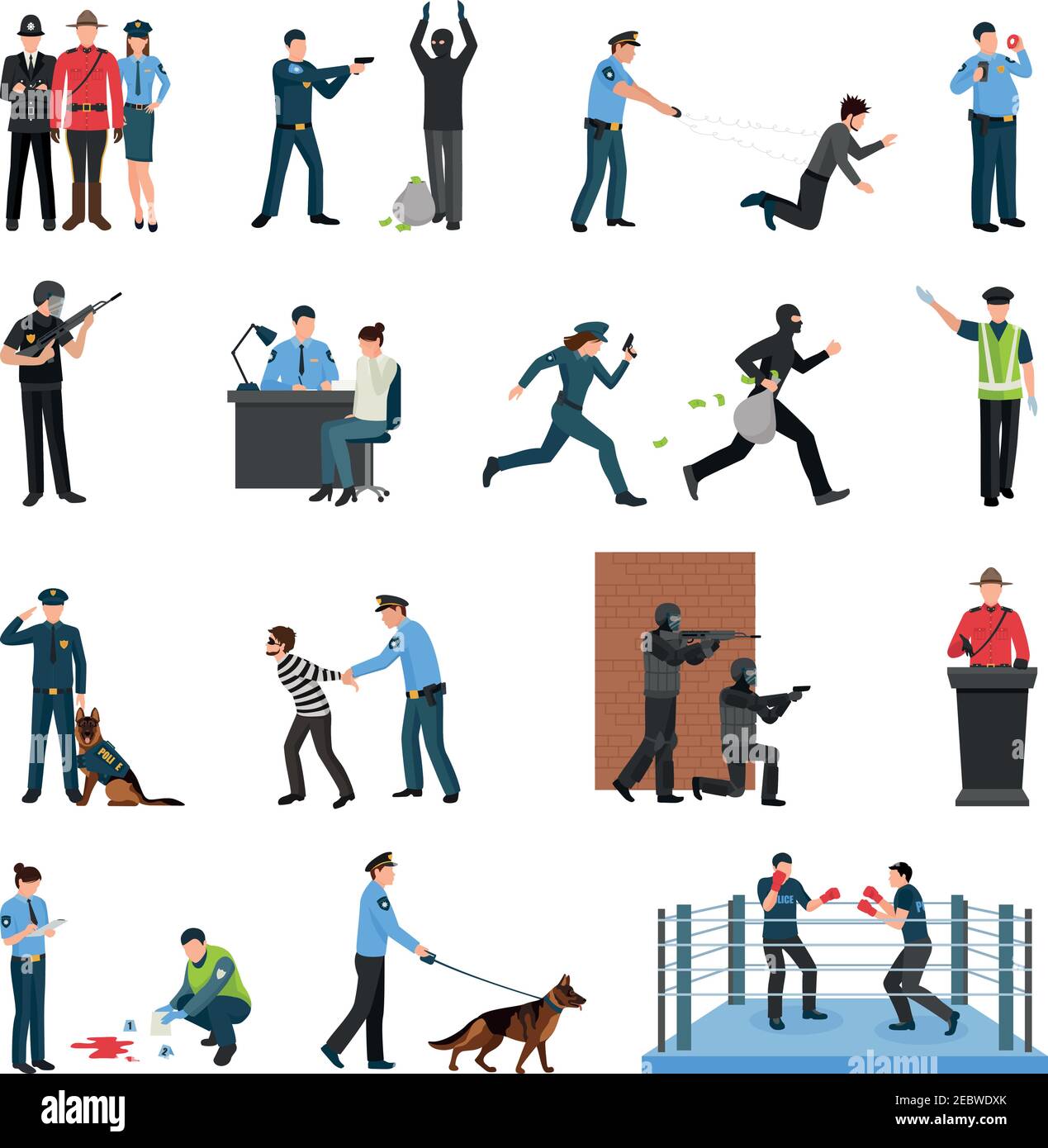 Police officers tact team training and field work flat icons collection with shooting to stop isolated vector illustration Stock Vector