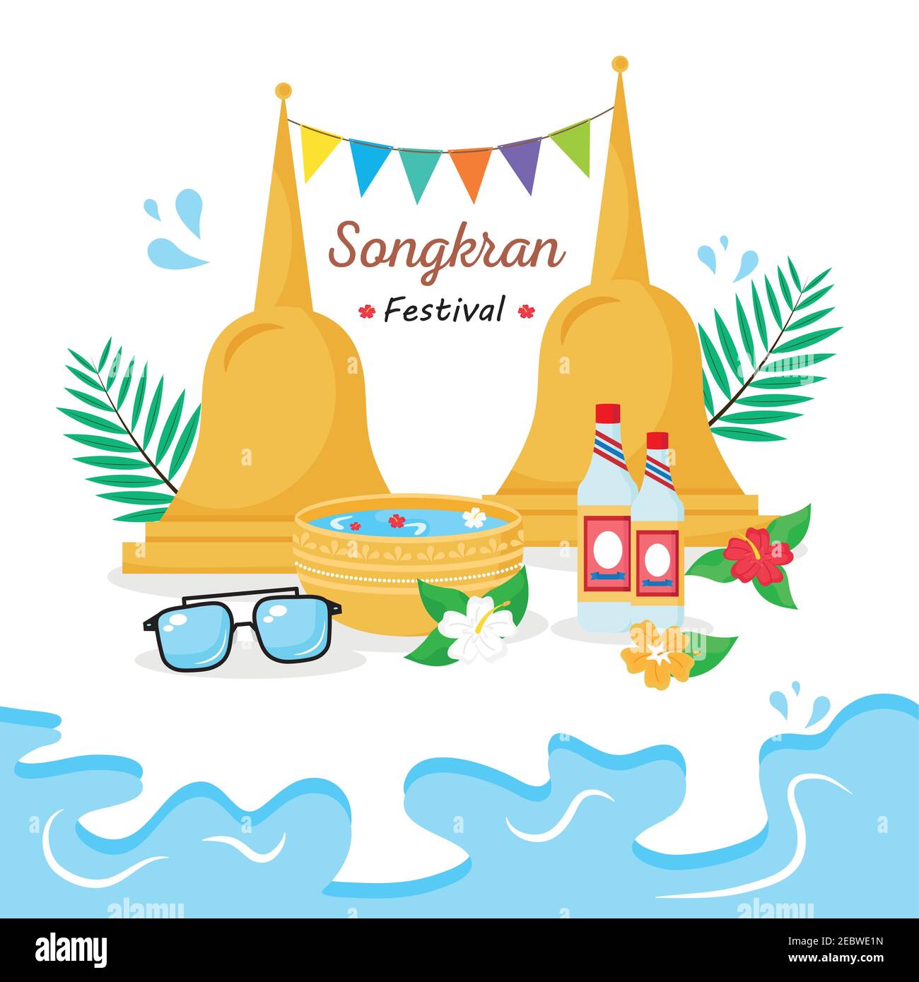 happy songkran festival lettering with garlands and golden bells Stock Vector