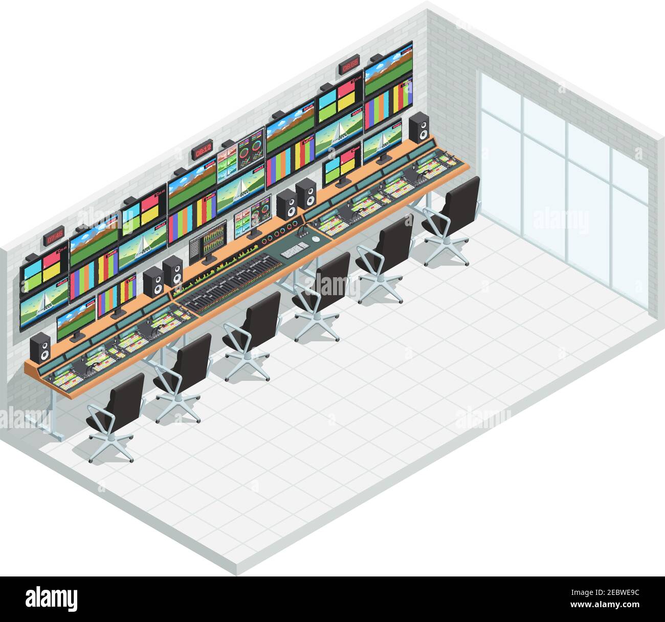 Video tv broadcast studio isometric interior composition with