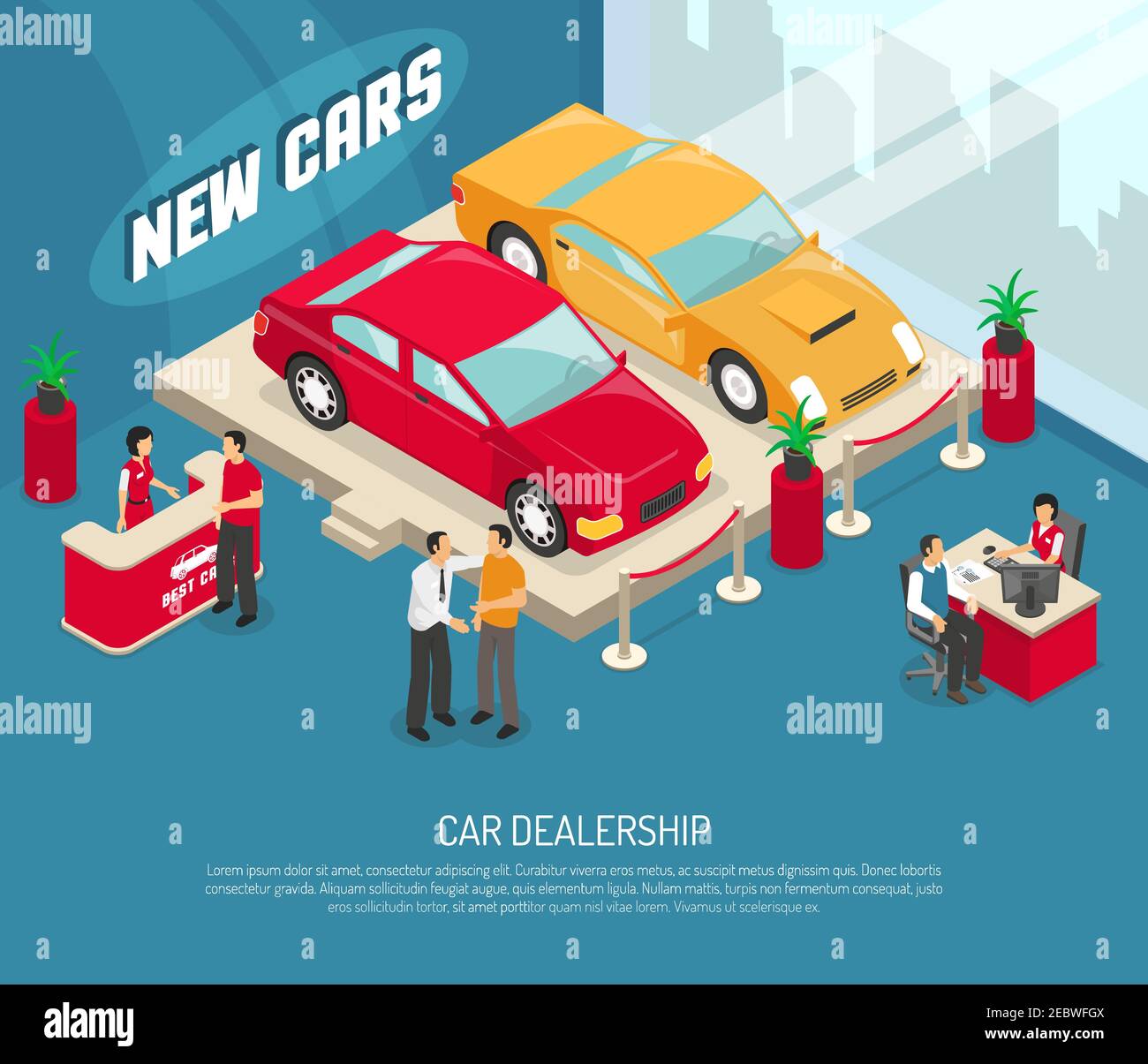 Colored car dealership leasing composition with people who choose and
