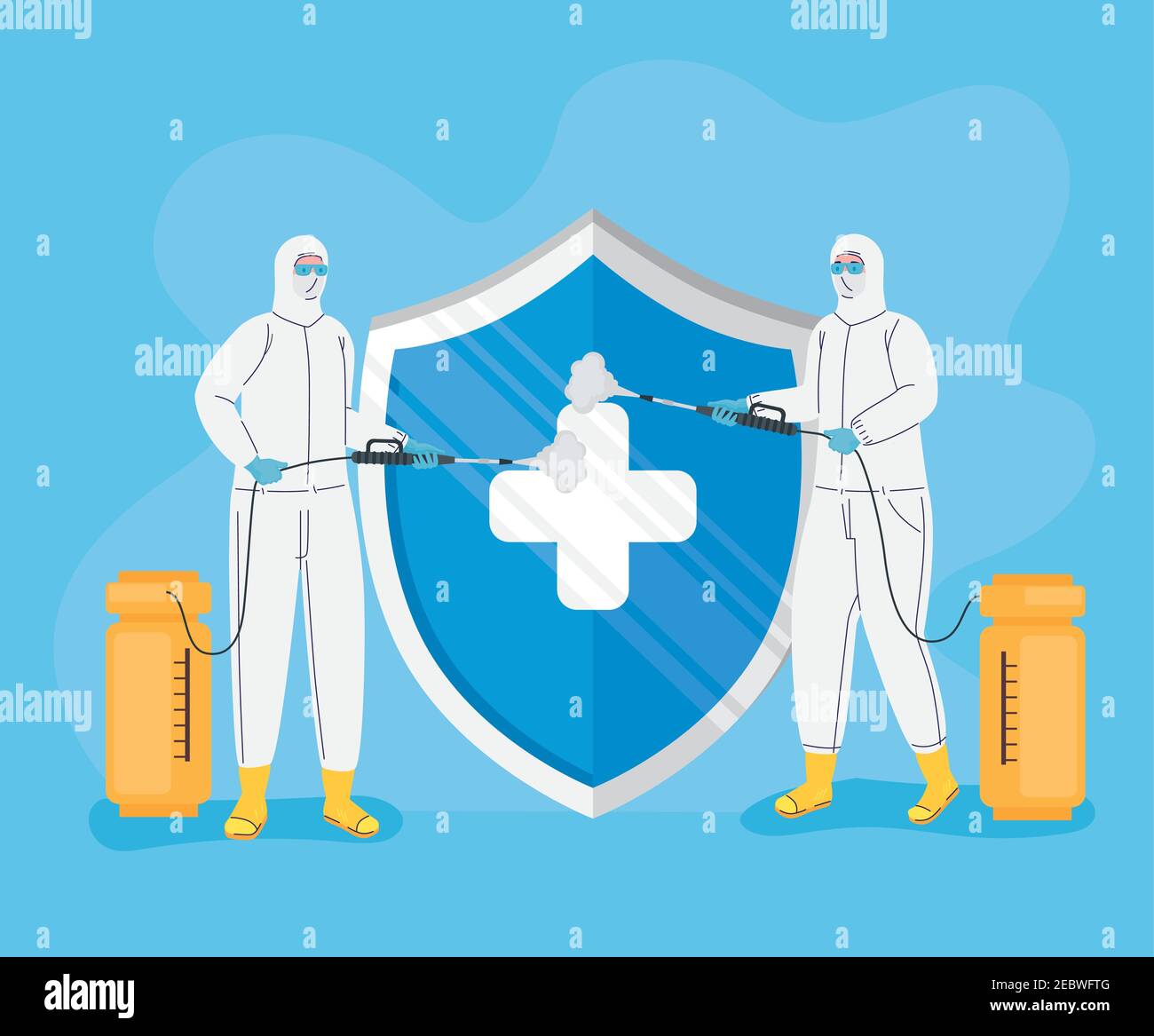workers wearing biohazard suits and shield protection Stock Vector ...