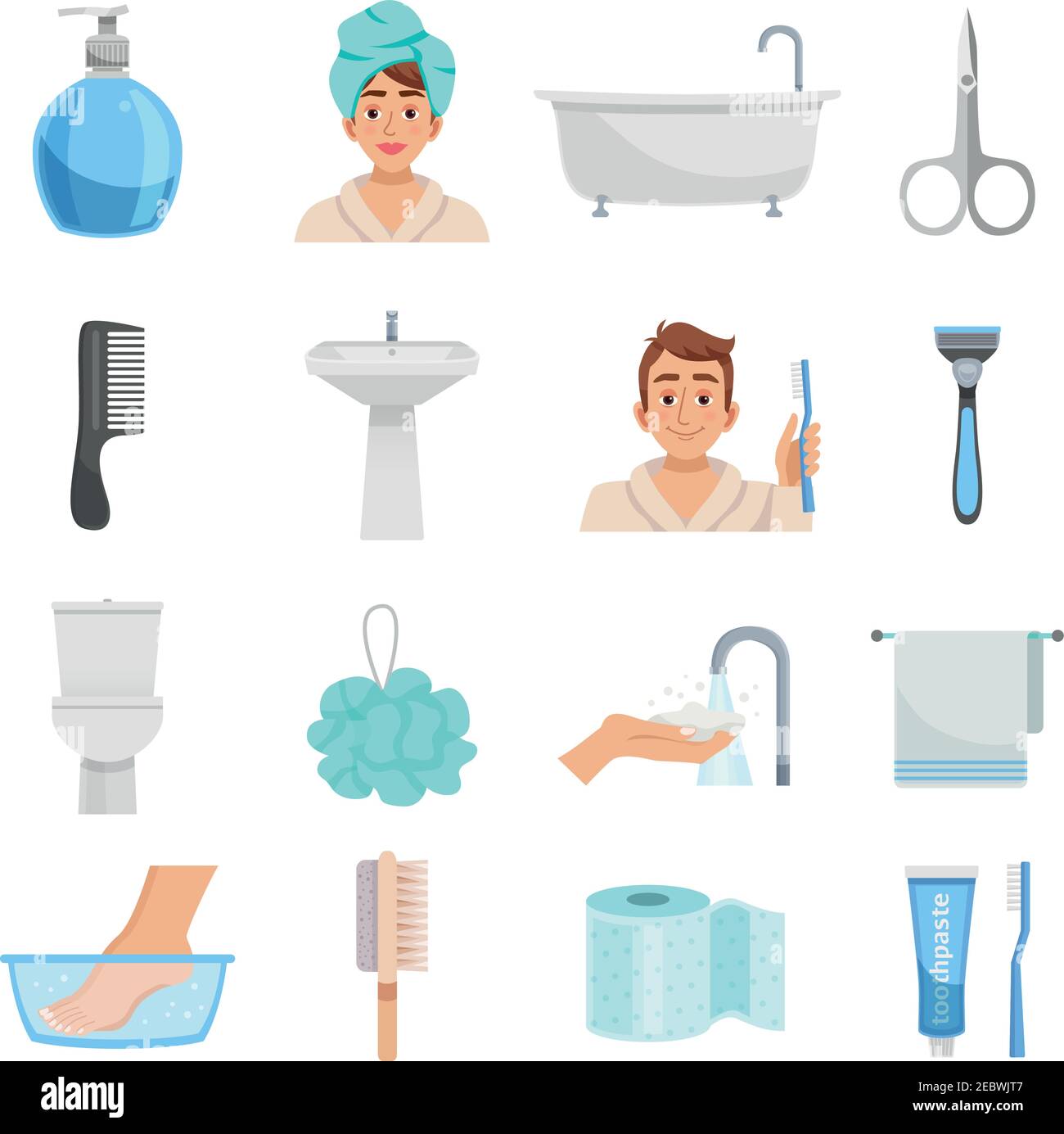 Hygiene isolated elements set with sixteen icons of towels bast wisp combs scissors and various toiletry vector illustration Stock Vector