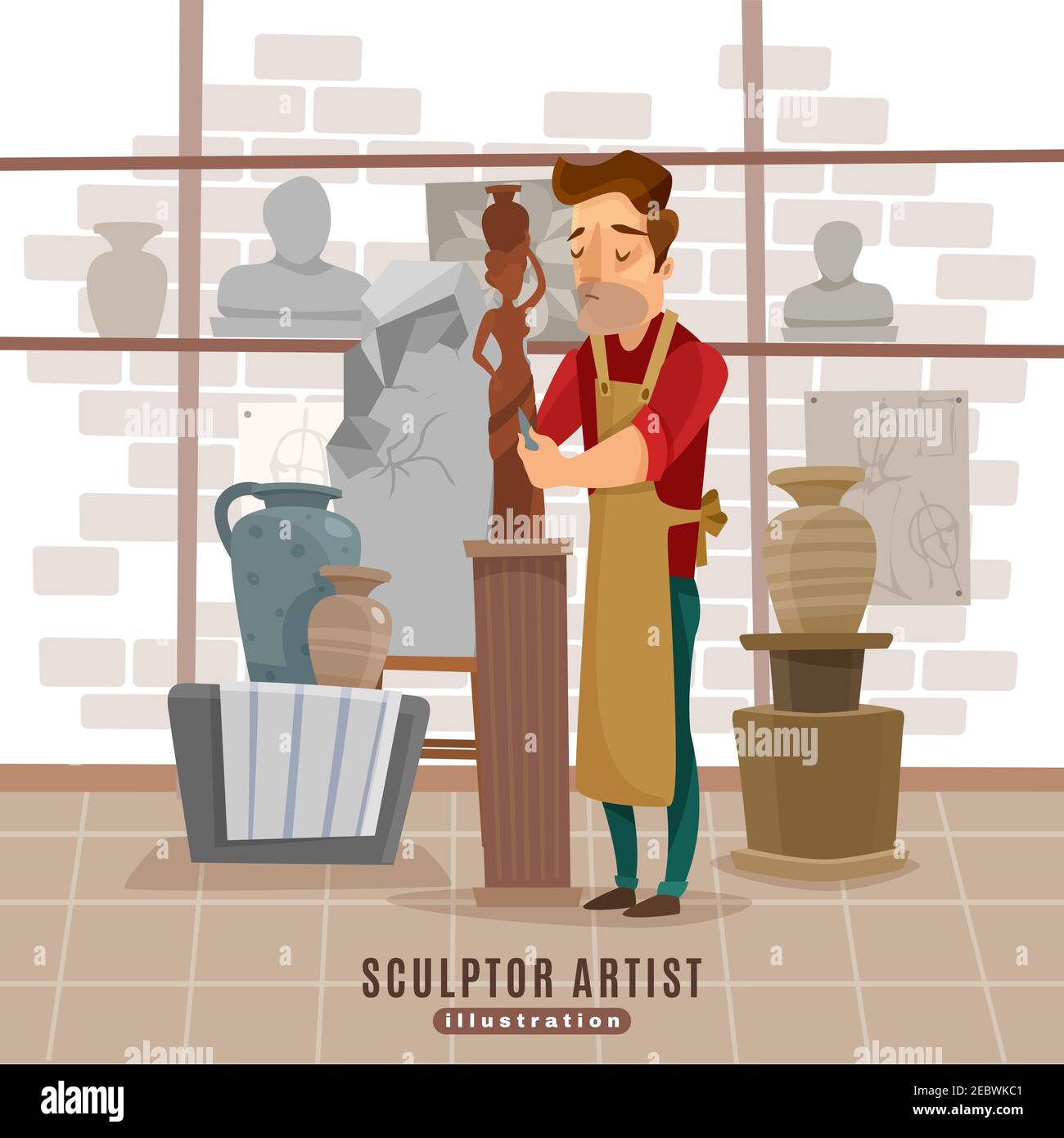 Visual plastic arts studio creative process with sculptor carving and