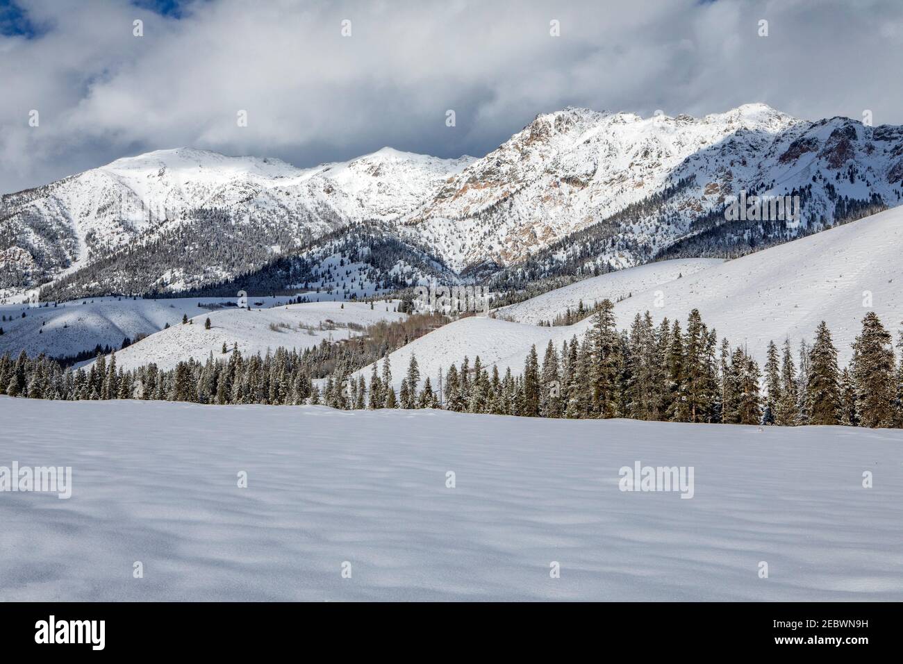 USA, Idaho, Sun Valley, Landscape with Boulder Mountains in winter Stock Photo