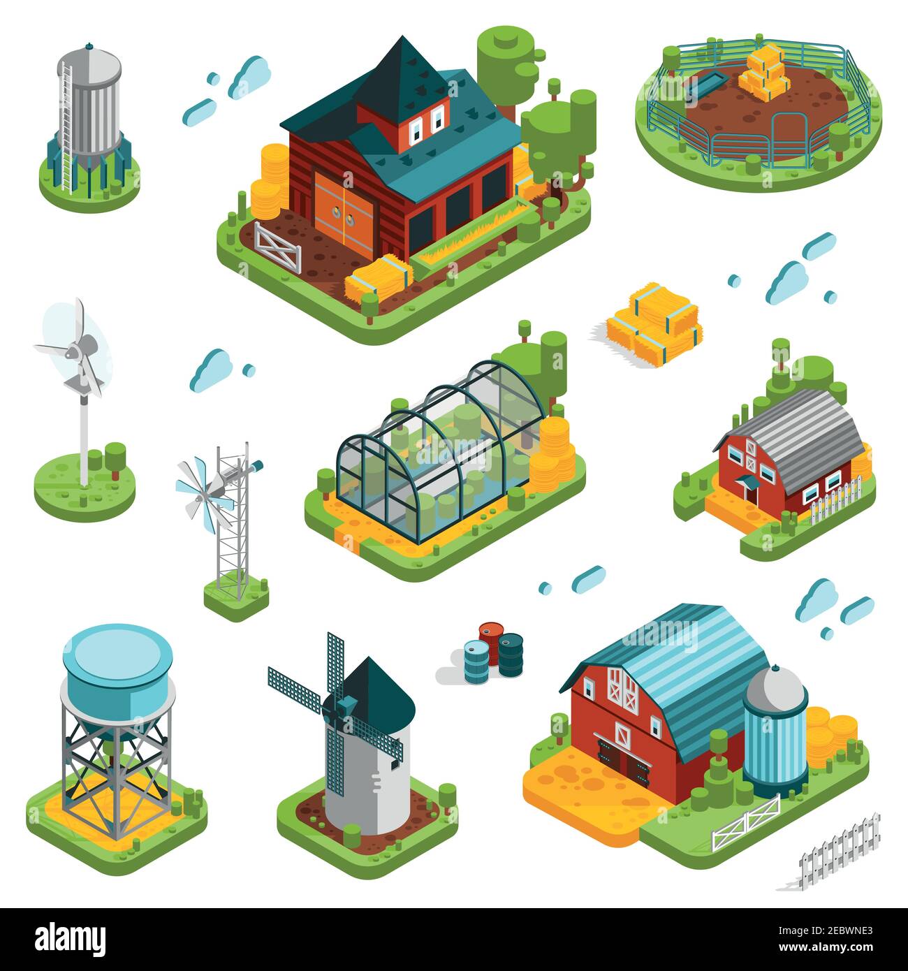 Farm rural buildings isometric elements set with built structures and single isolated storage and cloud icons vector illustration Stock Vector