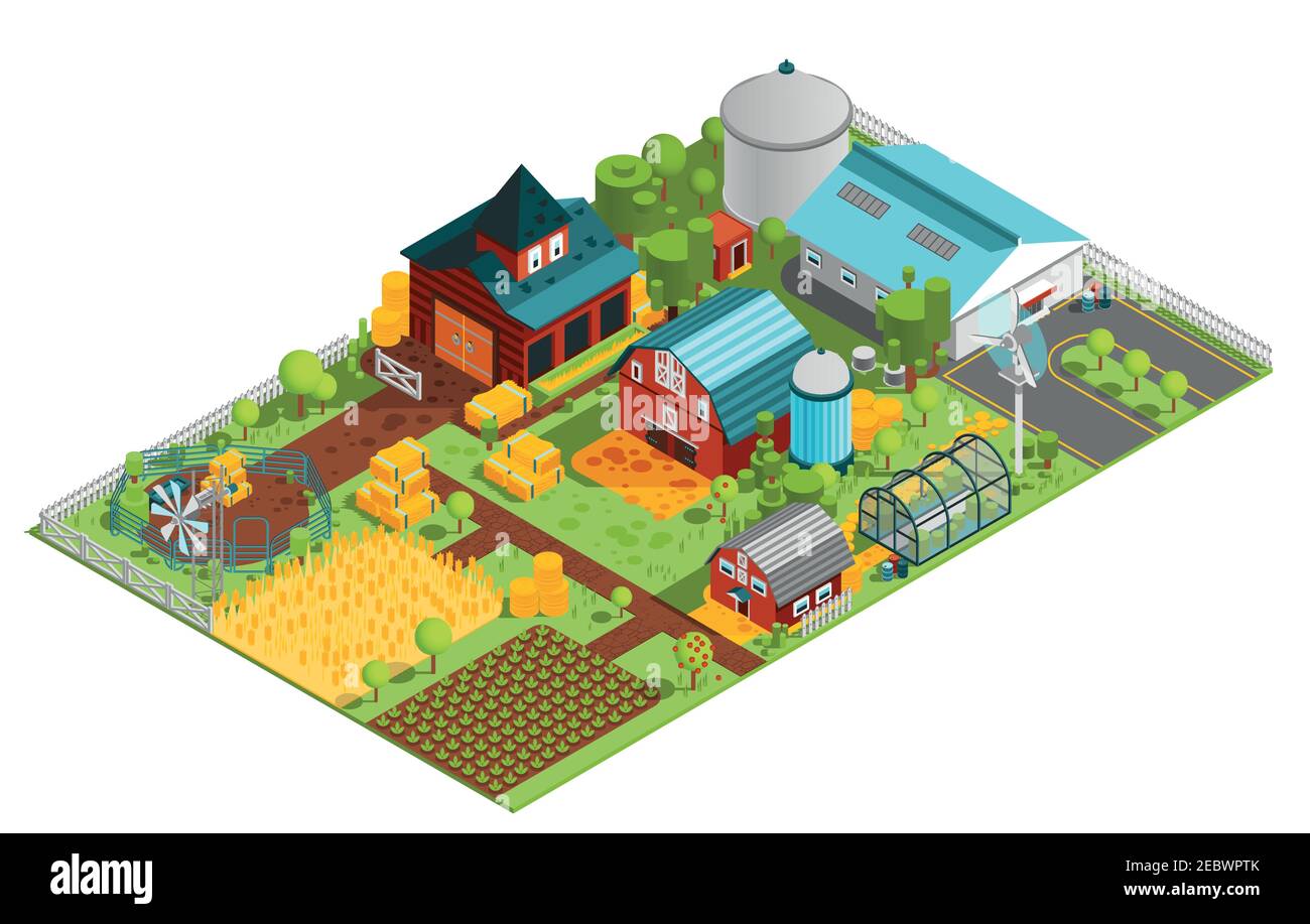 Composition of modern farm rural buildings orchard house plantations isometric images with built structures and plants vector illustration Stock Vector