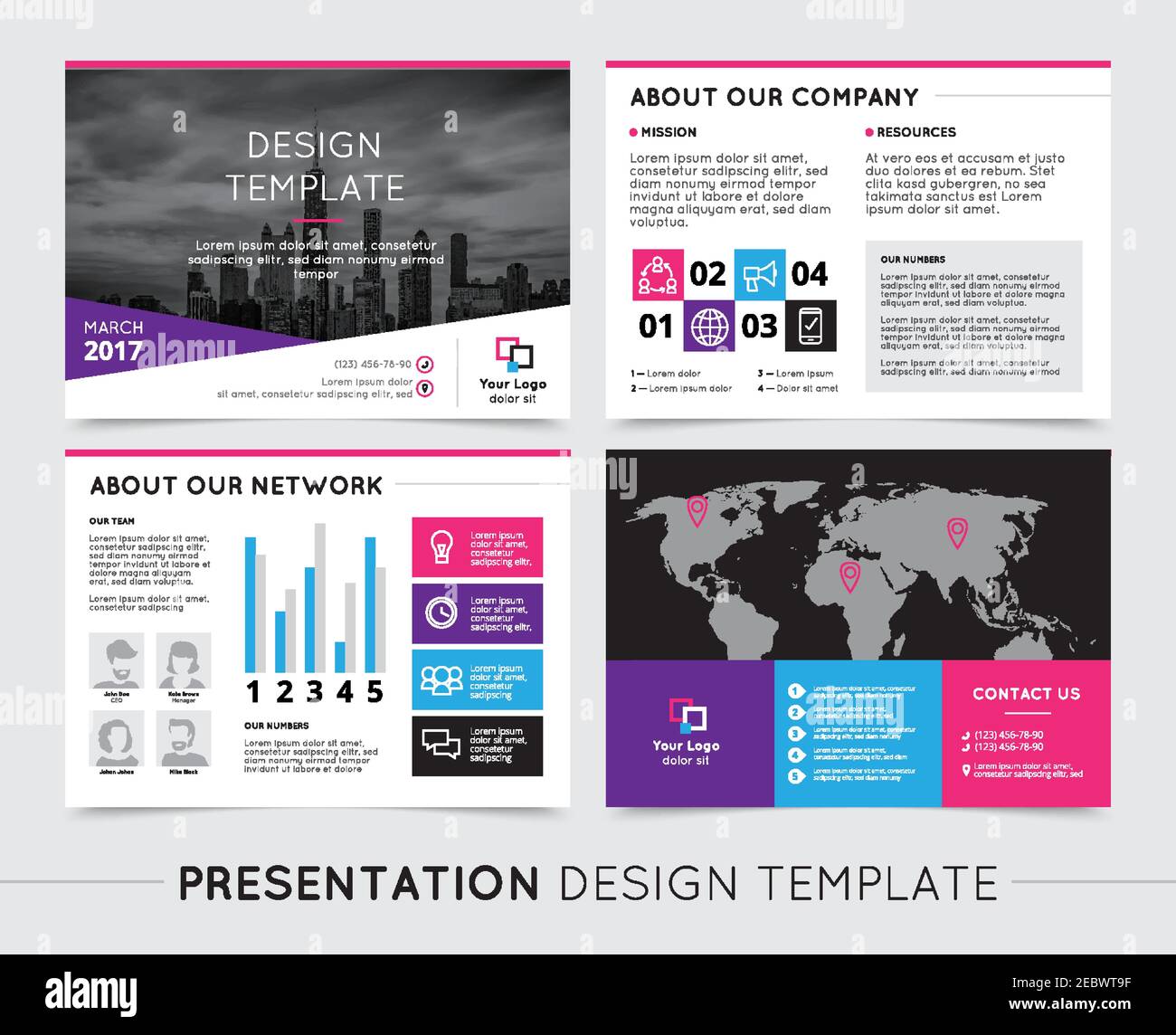 Company presentation templates on grey background flat isolated vector illustration Stock Vector
