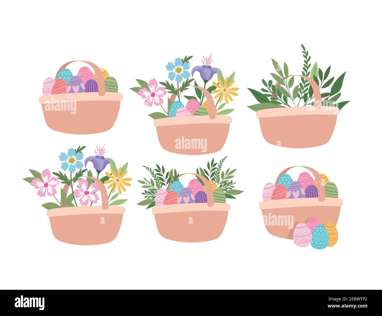 baskets full of easter eggs, flowers and green plants Stock Vector