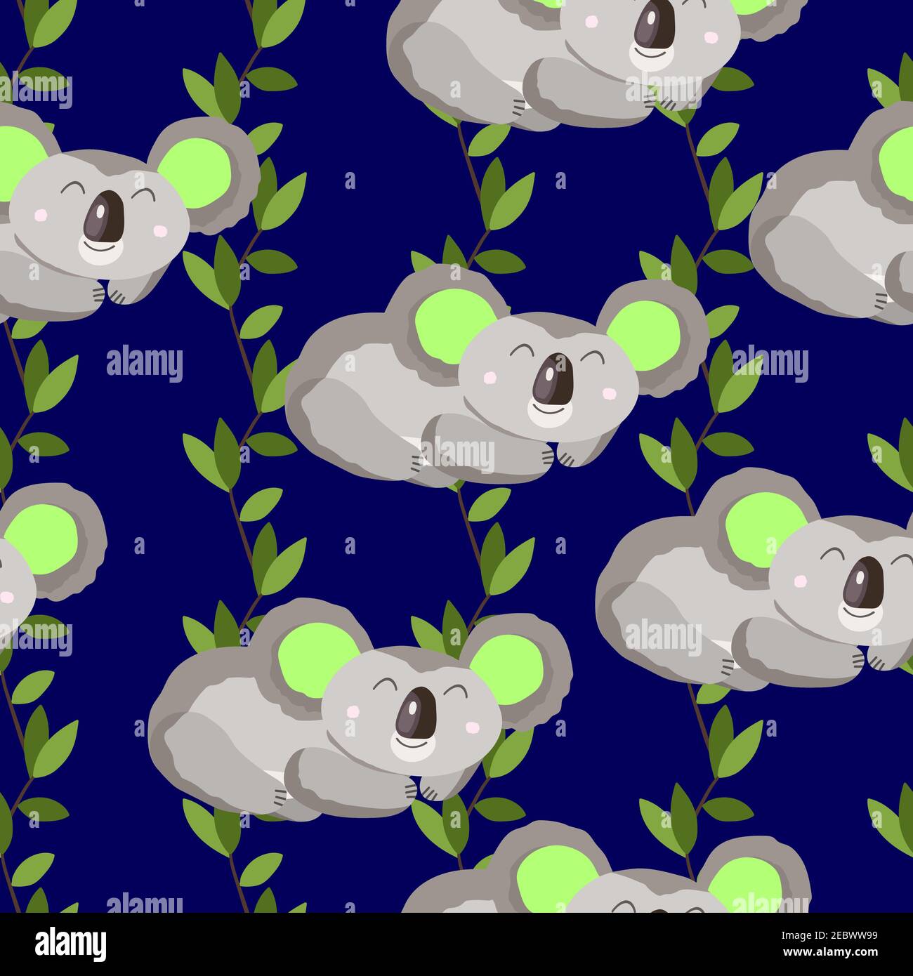 Seamless pattern with cute koala baby and leaves on color background ...