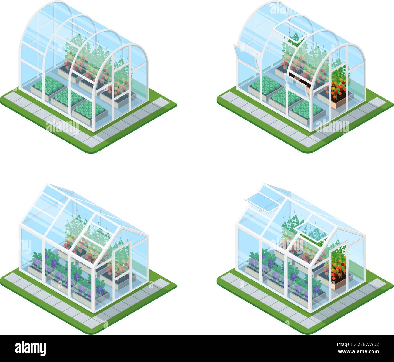Glass greenhouse isometric set with growing agricultural products and colorful flowers isolated vector illustration Stock Vector