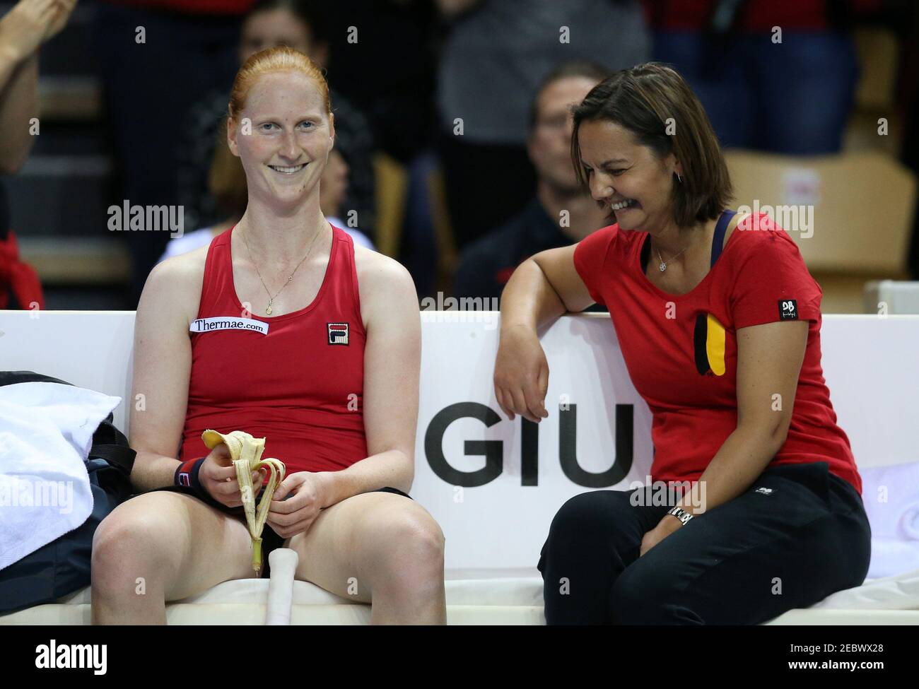 Tennis - Fed Cup World Group First Round - France vs Belgium - Vendespace,  La Roche-sur-Yon, France - February 11, 2018 Belgium's Alison Van Uytvanck  talks to captain Dominique Monami during a