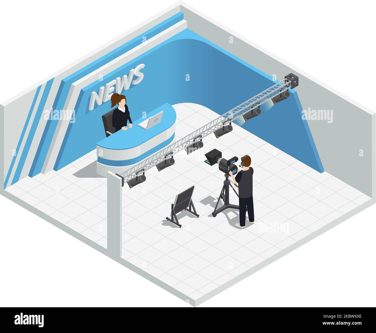 Isometric interior composition with video tv live news broadcast studio ...