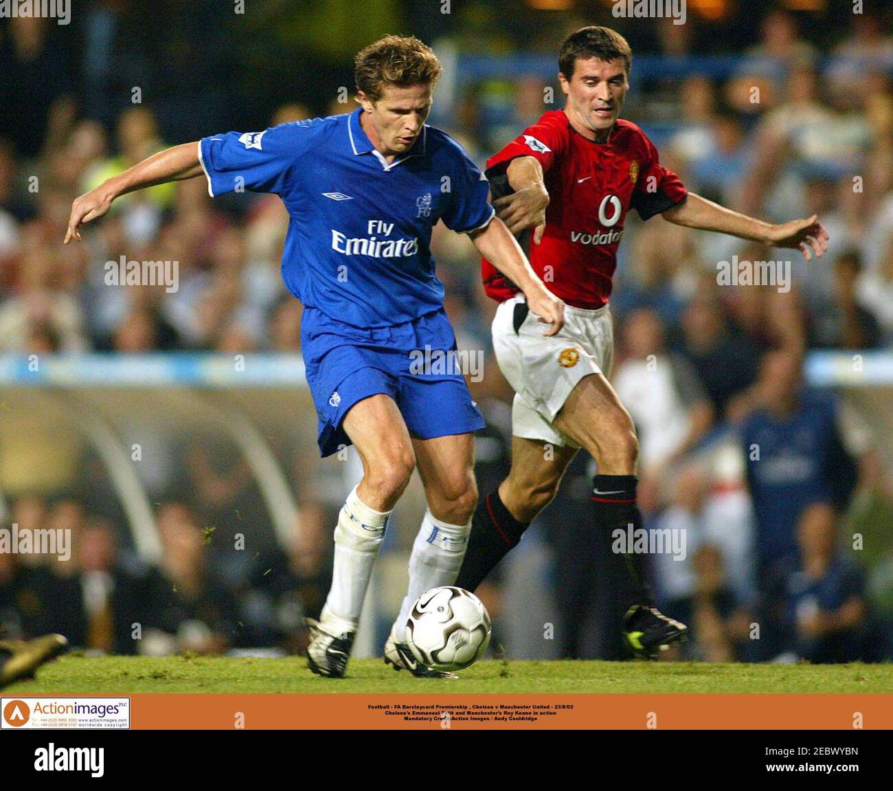 Football Fa Barclaycard Premiership Chelsea V Manchester United 23 8 02 Chelsea S Emmanuel Petit And Manchester S Roy Keane In Action Mandatory Credit Action Images Andy Couldridge Stock Photo Alamy