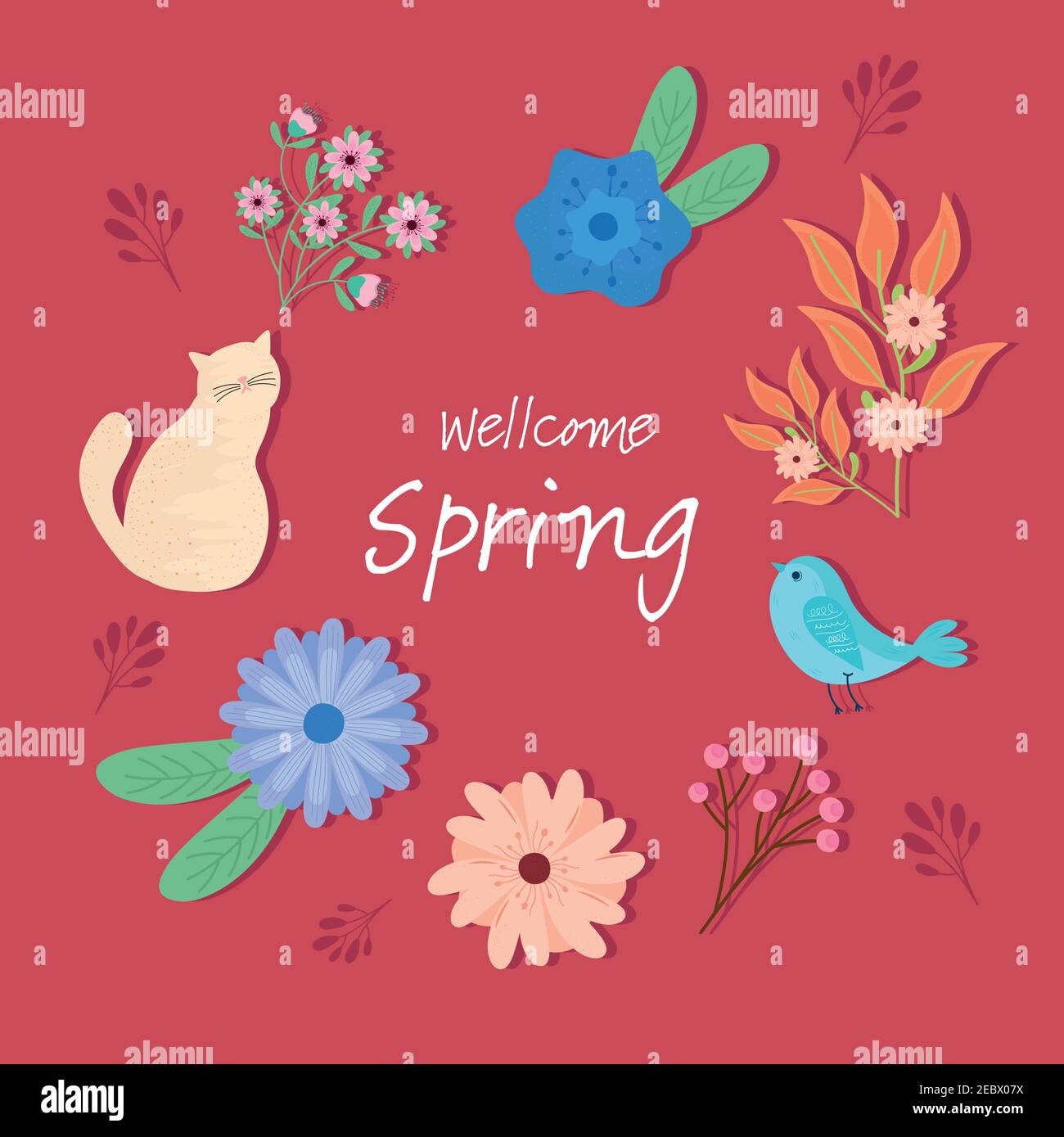hello spring lettering seasonal card with flowers and bird around Stock ...