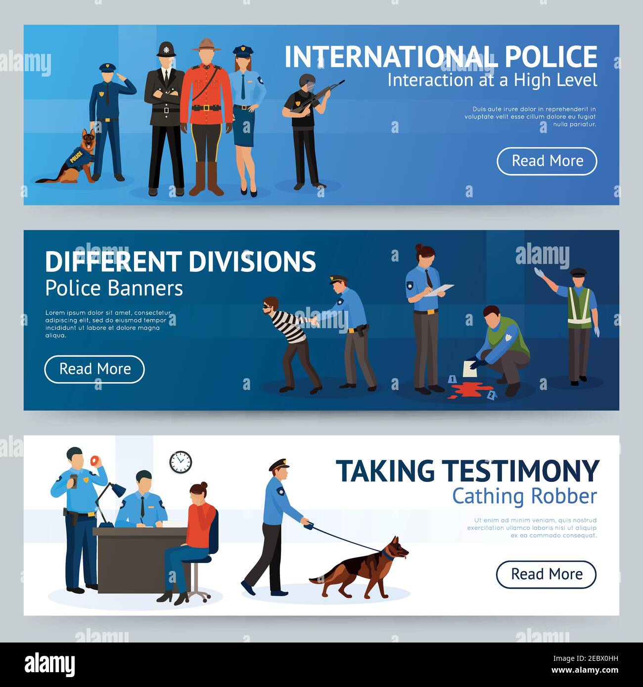International police force cooperation internet site 3 flat banners set design with trained dog isolated vector illustration Stock Vector