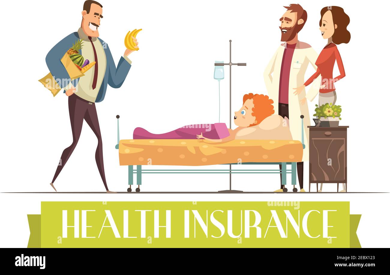 Health insurance police payment plan covers child treatment and food cartoon illustration with happy  visiting parents vector Stock Vector