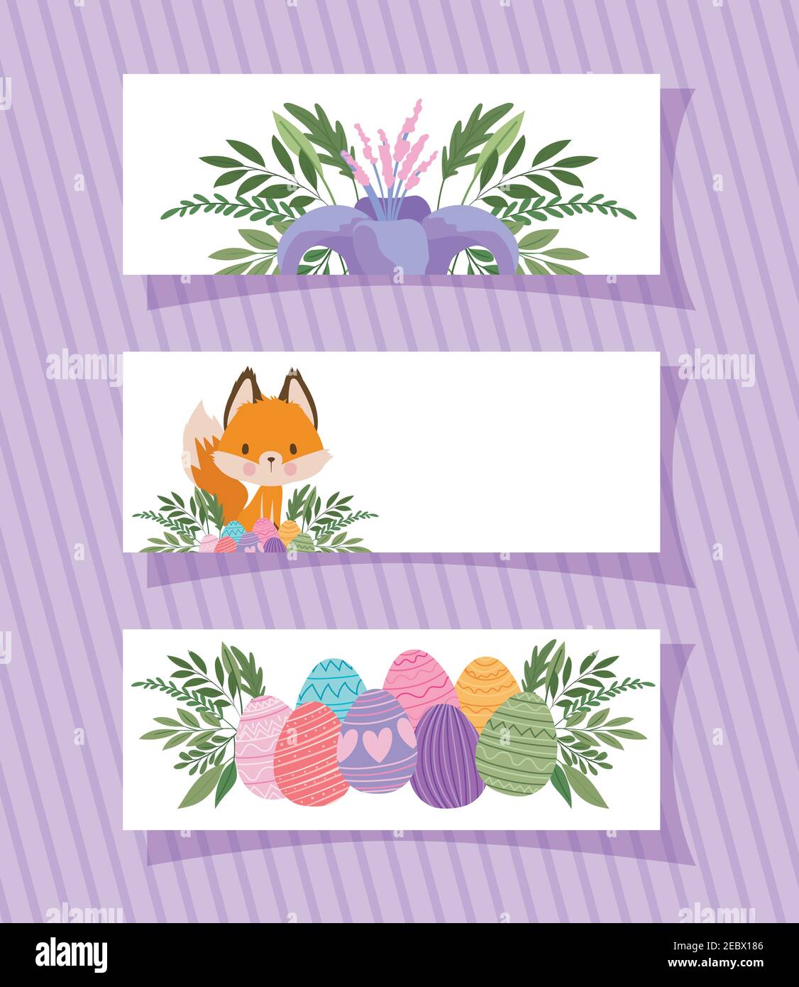 frames with one cute fox, purple flower and easter eggs Stock Vector