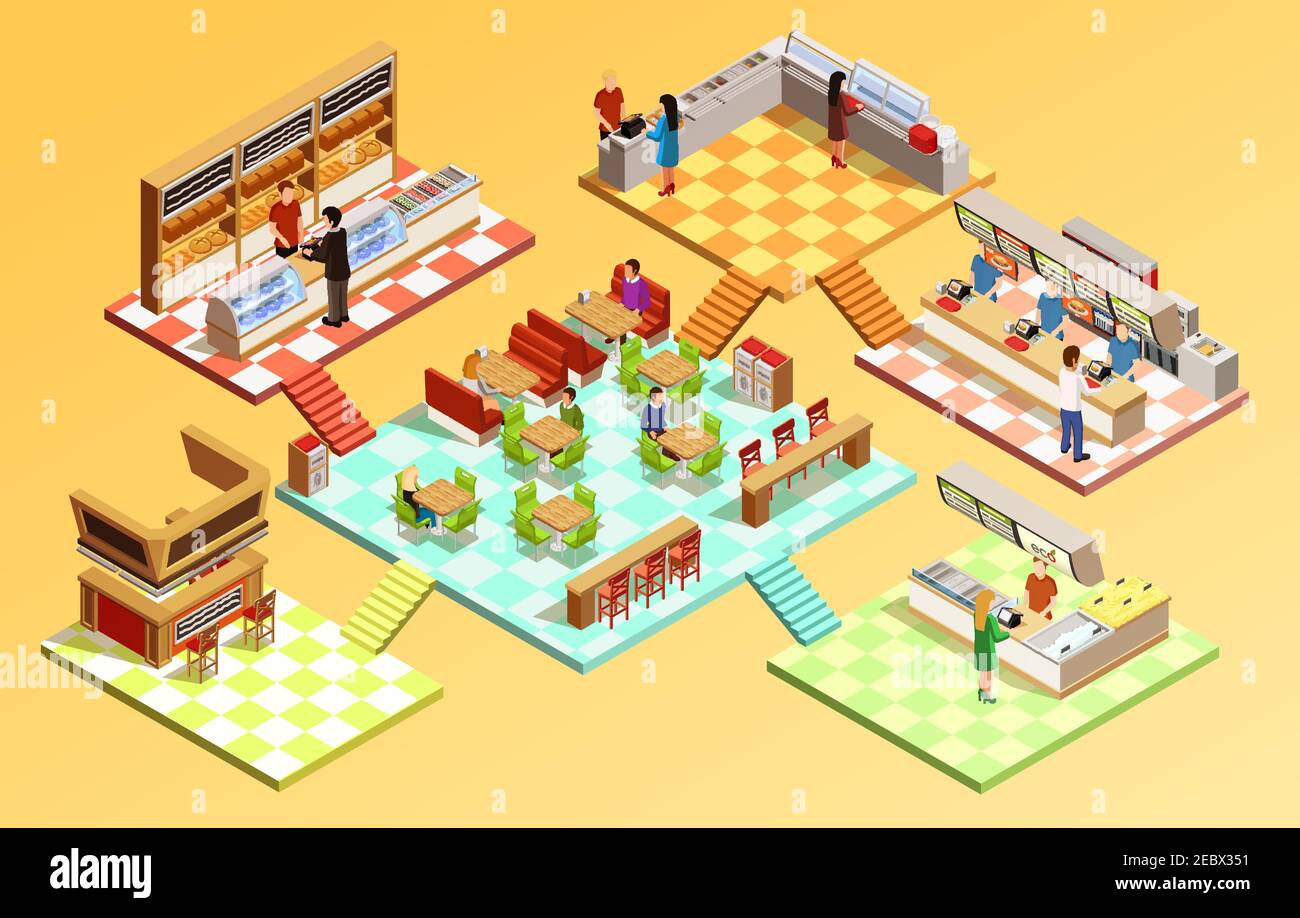 Food court composition with fast food restaurant isometric room