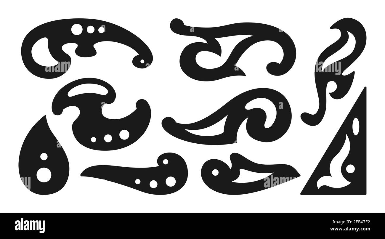 Sewing or drawing template, black silhouette stencil set. Sewing cartoon equipment, patterns and sketchbook dressmaking concept. Hand drawn mold drawing. Vector illustration Stock Vector