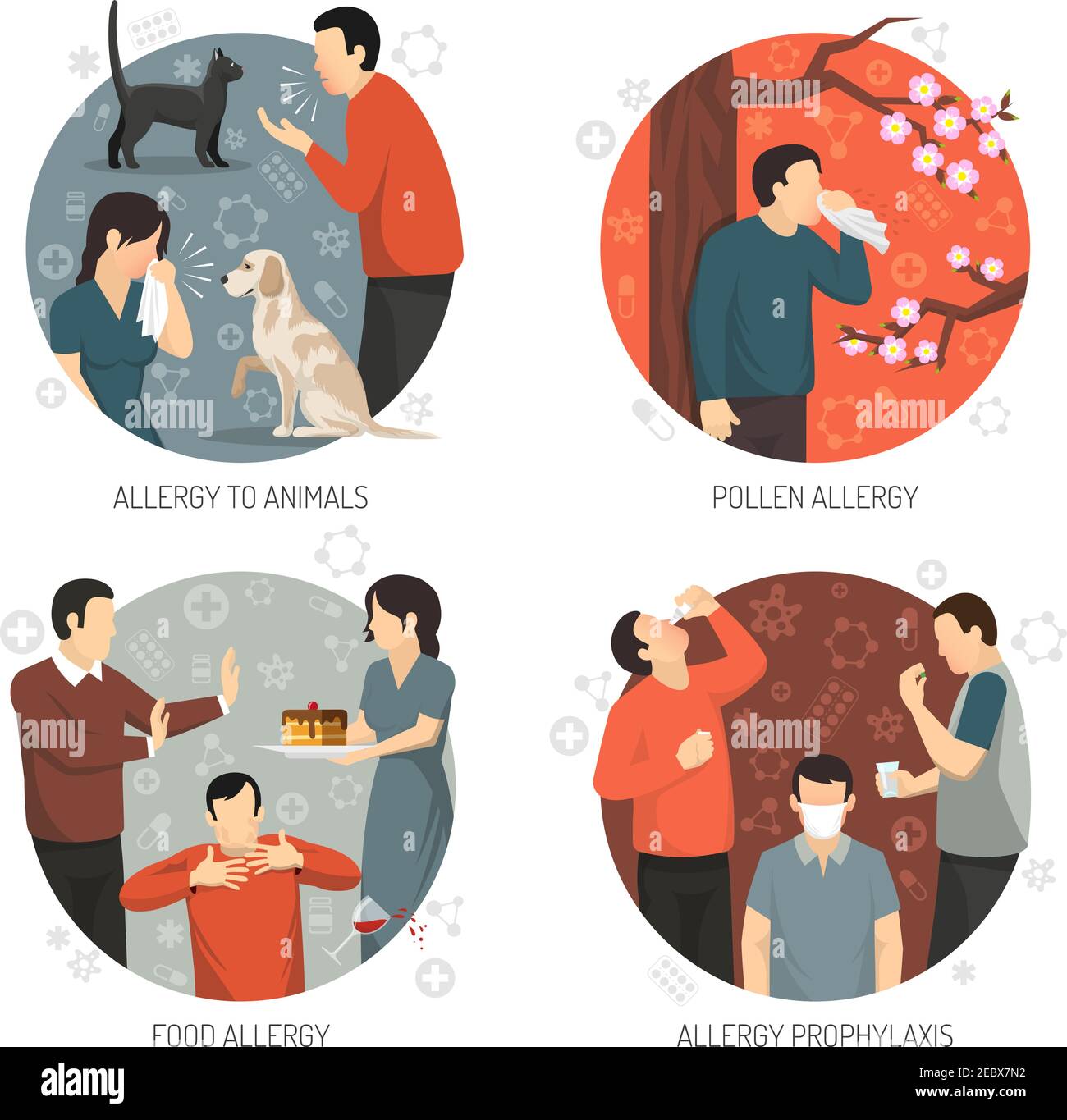 Colored flat and isolated allergic design icon set with allergy to